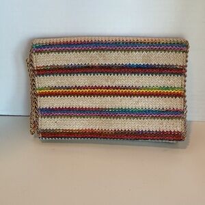 Chelsea28 woven multi color clutch with chain detail